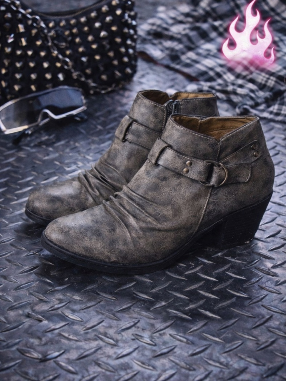 Distressed Taupe Ankle Boots Buckle Strap Moto Boho Western Low Heel Booties 9M